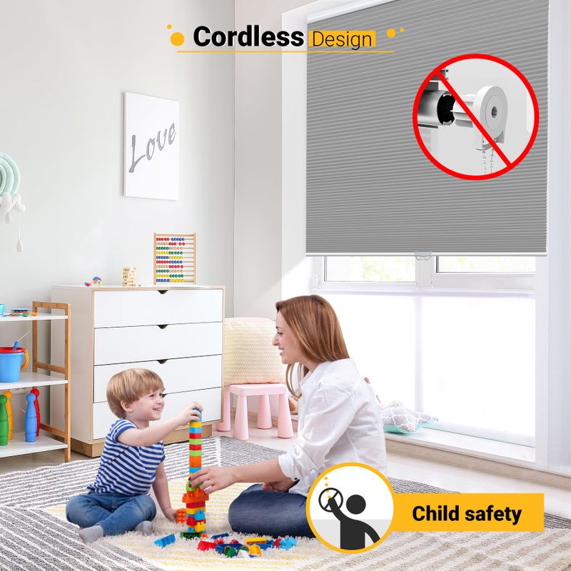 SBARTAR ستائر خلوية معتمة بدون حبال، ستائر شمعية للنوافذ، 28x64 بوصة، فضي بارد (معتم)  - Image 5